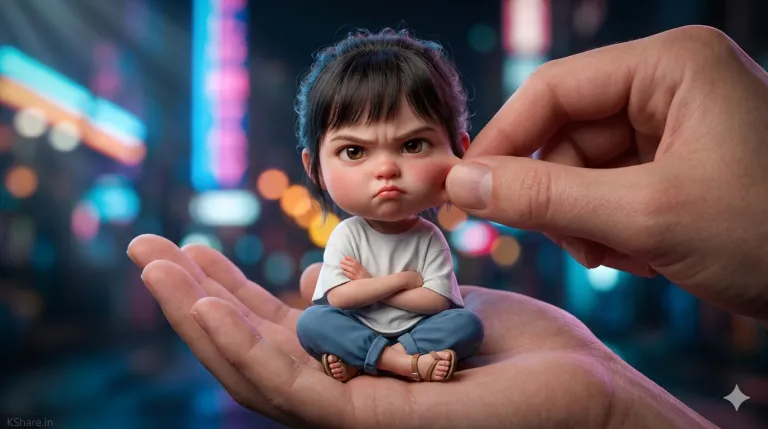 Ultra-realistic 3D caricature of a tiny grumpy girl sitting in a human hand, cinematic neon city bokeh background, high-detail miniature art.