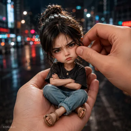 Ultra realistic 3D caricature miniature angry girl sitting inside a human hand with crossed legs, pouty face, and cinematic city bokeh background at night.