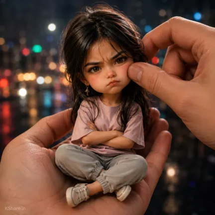 Big-head miniature girl with angry cute expression sitting in a human palm while another hand gently pinches her cheek, surrounded by dreamy city night bokeh lights.