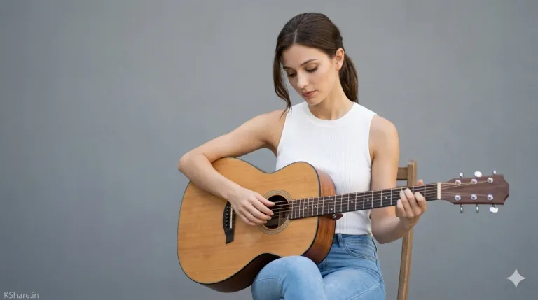 Photorealistic outdoor portrait of a young woman in a white ribbed top and jeans sitting on a wooden chair, playing an acoustic guitar against a minimal gray wall with soft natural lighting.