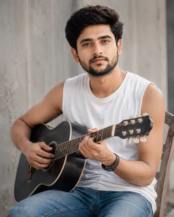 Young man playing acoustic guitar outdoors in daylight wearing white sleeveless shirt and blue jeans, realistic cinematic portrait photography with soft natural lighting