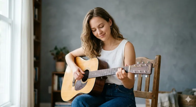 Young woman in white sleeveless top playing acoustic guitar on a wooden chair against a gray wall, soft daylight cinematic portrait.